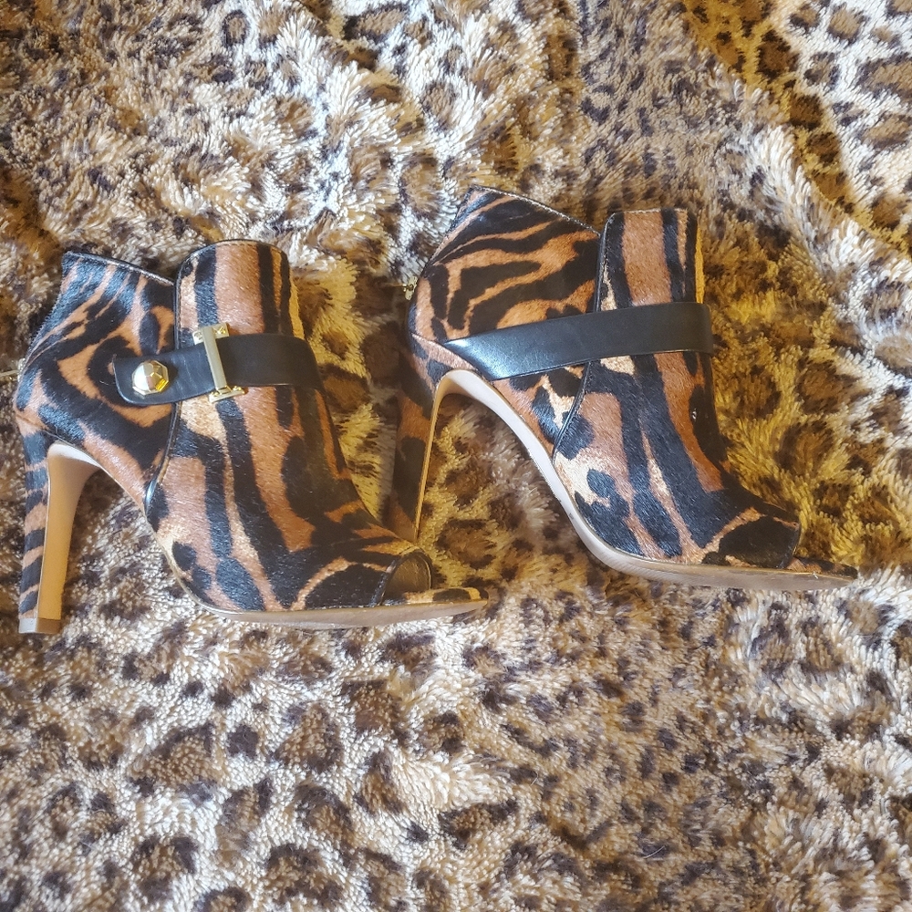 Animal print open toe bootie.